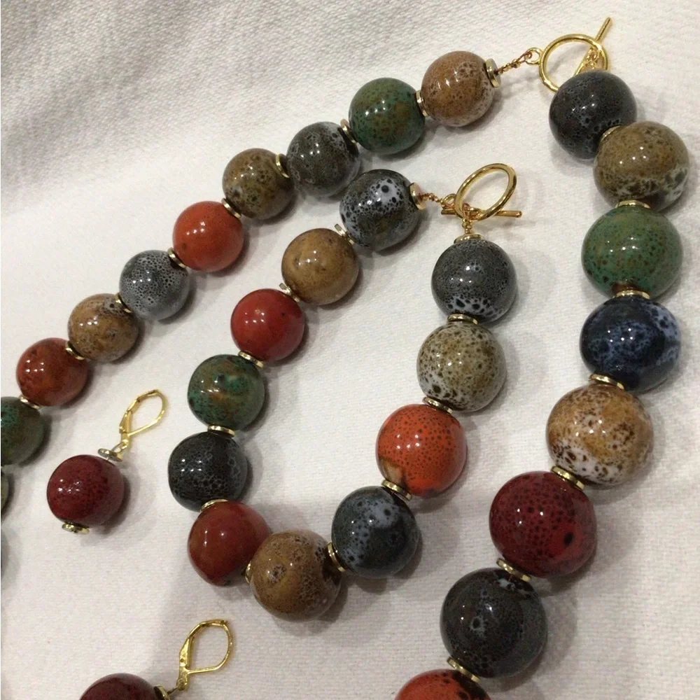 Tribal Earth Toned Colorful Beaded Necklace, Bracelet, and Earring Set
